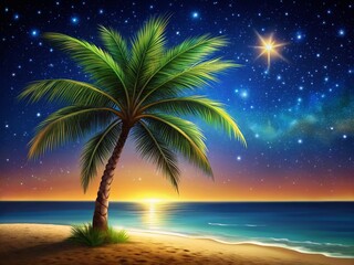Night Cartoon Palm Tree, Starry Sky, Tropical Island, Digital Art Illustration