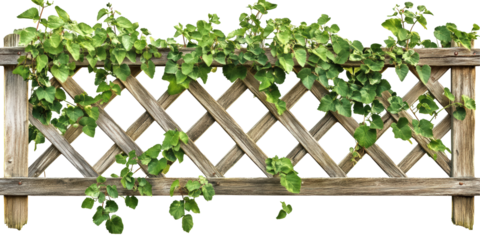 Lush green ivy climbing a wooden trellis creates a natural frame isolated on transparent background
