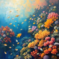 Fototapeta premium Vibrant Coral Reef with Fish Swimming in a Blue Ocean Scene