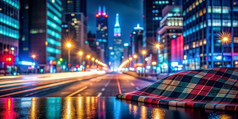 Fototapeta premium Night Cityscape, Plaid Pattern, Urban Fashion, Dark Tones, City Lights