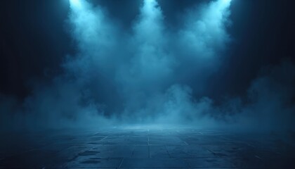 Fototapeta premium Dark blue stage with neon light spotlights and smoke. Empty dark scene asphalt floor studio room for display products. Night club event scene, concert hall, show.