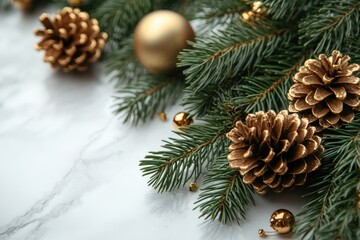 Minimalist Christmas Decoration with Pinecones and Evergreen Branches on White Marble Table Flat Lay