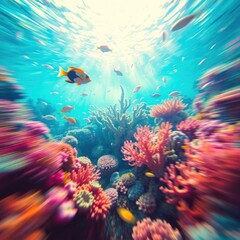 Fototapeta premium Colorful Coral Reef with Tropical Fish Underwater Scene and Clear Water