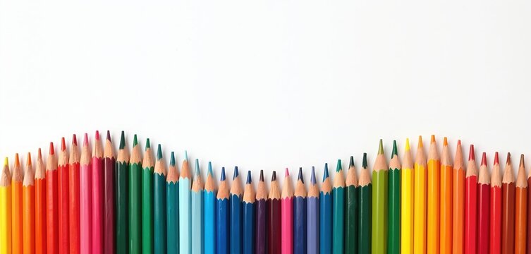 Row colored pencils on white background. Wave of rainbow colors. School art supply. Arts, crafts. Creative arts. Drawing, sketching equipment for artists, students. Pencils wave perfect for web