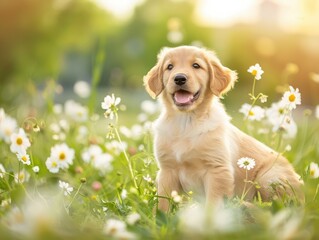 Golden retriever puppy playing among wildflowers nature park pet photography springtime close-up joyful moments