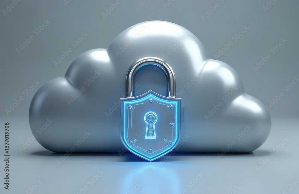 Aufkleber 3D rendering of metallic cloud with shield padlock, secure data storage. Represents digital security, data protection. Cloud computing concept, data safety. Cyber security measures, protection of