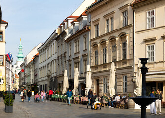 Obraz premium Tourist pedestrian street Venturska in center of Bratislava on a sunny day. Slovakia