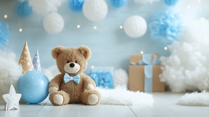 Gentle blue-themed celebration backdrop featuring a plush teddy bear