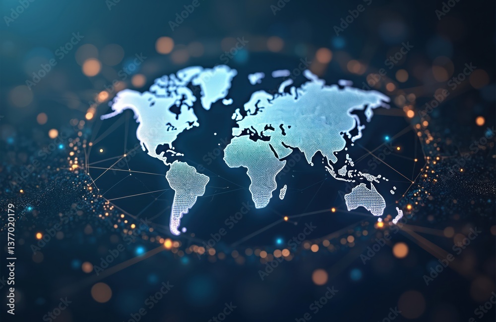 Poster Stylized world map surrounded by complex network lines dots. Concept global connectivity in digital age, cyberspace. Represents communication, finance, development, innovation, business, global