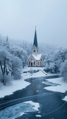 Church nestled among snow-covered trees on a frozen river, snow, serene church, frost