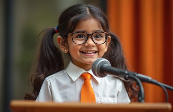 Smiling indian girl giving speech at convention. Little child wears eyeglasses, tie, white shirt. Kid speaks at microphone. Education concept. Smart, confident little girl. Presentation, public - Powered by Adobe