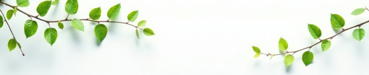 Fototapeta premium Delicate branches with green leaves scattered on a white background, branchy, verdant, minimalist