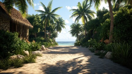 A scenic sun-drenched sandy path bordered by lush tropical vegetation and palm trees leads to a serene beach and ocean with a rustic hut on the side