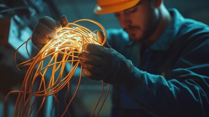 A construction worker installing electrical wiring into conduit. Featuring precision and skill