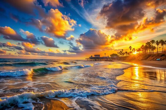 Fototapeta Oceanside California Coastline, Bokeh Sunset, Pacific Ocean Waves