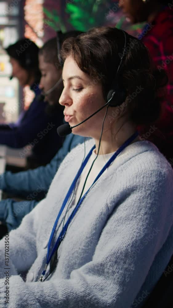Poster vertical video call center worker using artificial intelligence customer service management software