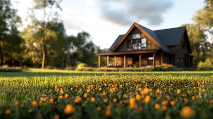 Charming rustic log cabin on sprawling green lawn with vibrant orange wildflowers in the foreground glowing under the warm setting sun at dusk