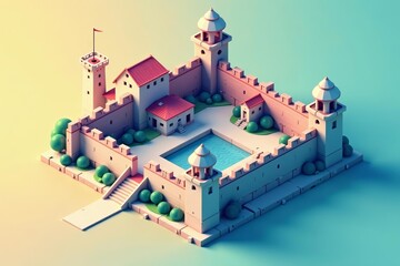 Naklejka premium Abstract geometric prison building with watchtowers and walls in isometric style, isometric, illustration, design