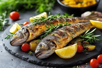 Grilled fish garnished with herbs and lemon slices