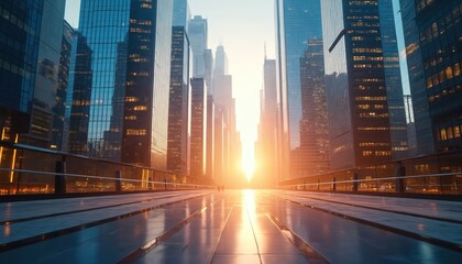 Fototapeta premium Illustration of modern skyscrapers in smart city. Futuristic financial district with high buildings and reflections, blue color background with warm sun rays. Corporate business template.