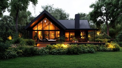 Modern black A-frame cabin with large , warm inviting interior surrounded by greenery, illuminated landscaping at dusk in tranquil setting