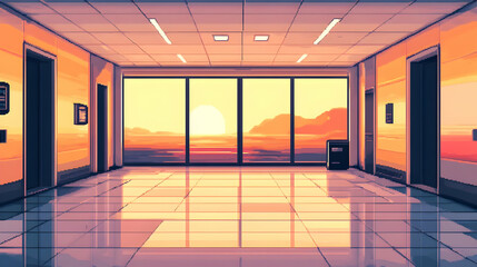 Pixel Art of a Modern Hallway with Elevator Doors and Orange Sunset Views Through Large Windows in a Minimalist Geometric Interior Design Setting