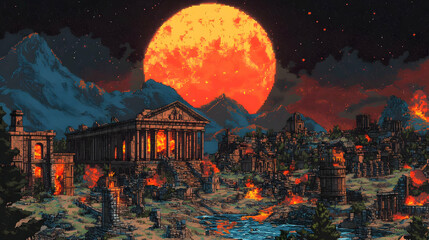 Pixel Art of Ancient Ruins Ablaze Under an Orange Moon at Night with Starry Sky and Distant Mountains