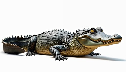 Fototapeta premium Photorealistic illustration of American alligator isolated on white background. Alligator mississippiensis creature full body, 34 view. Aquatic reptile, predator, carnivore, dangerous animal,