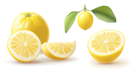 Fresh Lemon Whole and Sliced on White Background