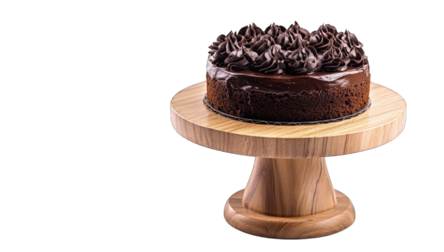 a beautifully crafted chocolate cake sits atop a wooden cake sta