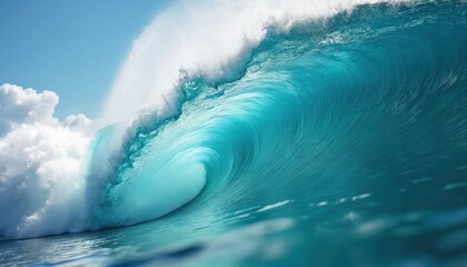 Obraz premium Stunning blue ocean wave with white foam, sky, clouds. Powerful swell, crashing into shore. Surfing paradise, extreme water sports adventure at beach. Tube wave barrel, summertime leisure, tropical