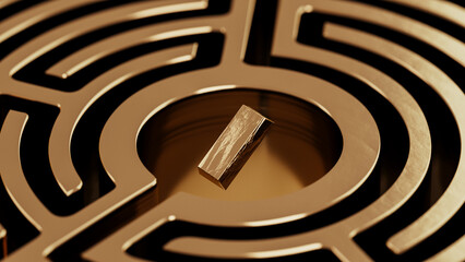 Gold ingot at the center of a complex maze symbolizing wealth