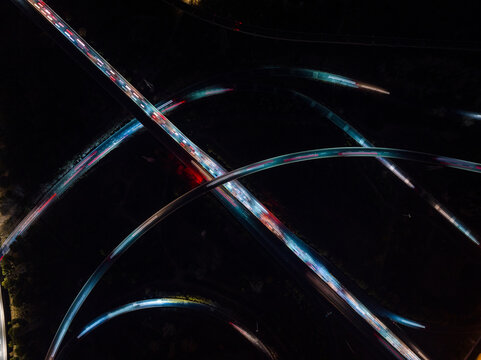 Aerial View of a Busy Highway at Night