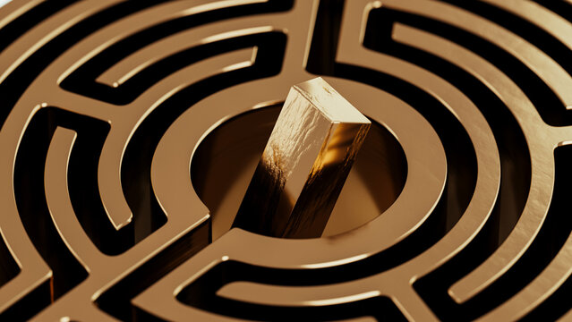 Gold ingot at the center of a complex maze symbolizing wealth