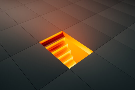 Geometric staircase emerging from the ground in a vibrant escape