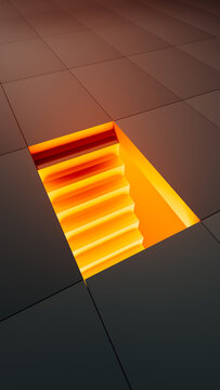 Geometric staircase emerging from the ground in a vibrant escape