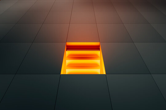 Geometric staircase emerging from the ground in a vibrant escape