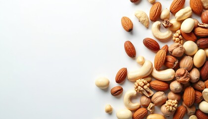 Assorted mixed nuts on white background, including almonds, cashews, hazelnuts, walnuts. Healthy snack, food for diet, perfect for low carb meals, trail mix, gym snacks.