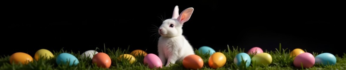 Obraz premium Adorable white bunny with colorful Easter eggs, black background, black background, eggs, cute