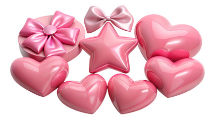 Six Pink Glossy Objects: Hearts, Star, and Bow Decorations
