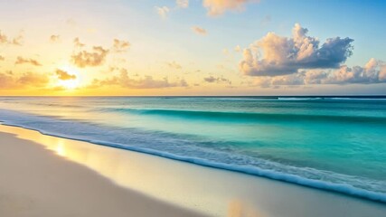 Sunrise over calm ocean waves at pristine beach with soft golden sand and pastel clouds at dawn in tropical paradise