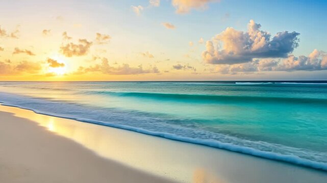 Sunrise over calm ocean waves at pristine beach with soft golden sand and pastel clouds at dawn in tropical paradise