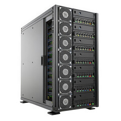 A sleek server rack showcasing multiple units with glowing LEDs, emphasizing modern technology and...