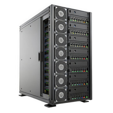 A sleek server rack showcasing multiple units with glowing LEDs, emphasizing modern technology and connectivity in a professional data center environment.