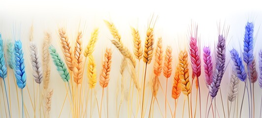 White background with drawings of colorful wheat grain for children, ai generative