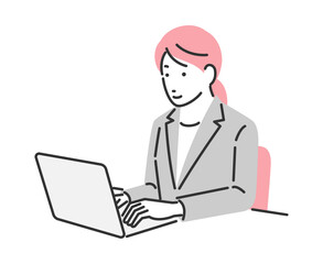 パソコンに向かって仕事をしているビジネスウーマンのイラスト