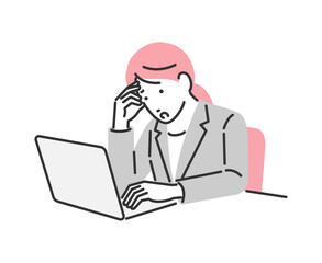 パソコンに向かって悩んでいるビジネスウーマンのイラスト