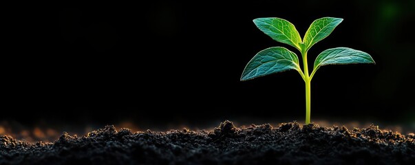 Green sprout emerging from rich soil illuminated by dramatic low-key lighting
