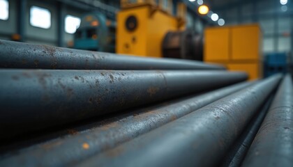 Close-up of round steel bars in steel mill. Metal pipes forming row. Manufacturing, industrial production of construction materials. Heavy industry, metallurgy concept.