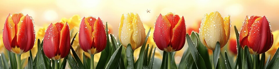 Vibrant Spring Tulips Blooming in Red Orange Yellow Colors Fresh Floral Garden Close Up Bright Beautiful Blossoms Nature Background Soft Sunlight Outdoors Scenic View